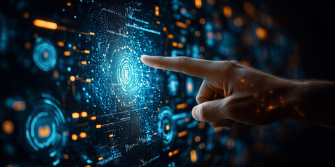 A hand points at a glowing stock market screen filled with dynamic charts and graphs, symbolizing financial trading, business analysis, and real-time investment decisions.
