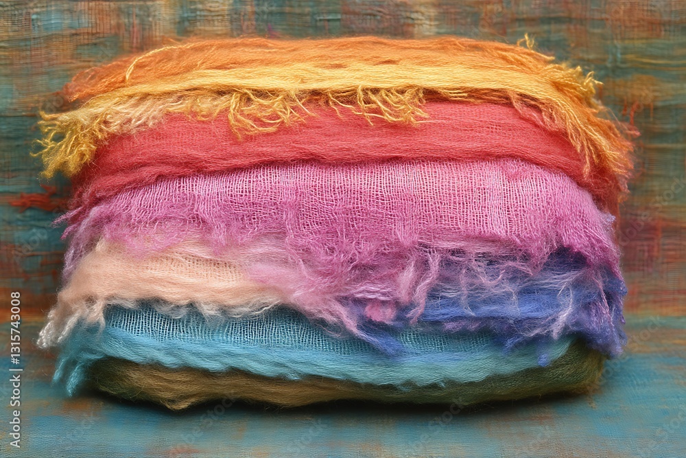 Poster a colorful stack of fabric textiles displayed against a textured background