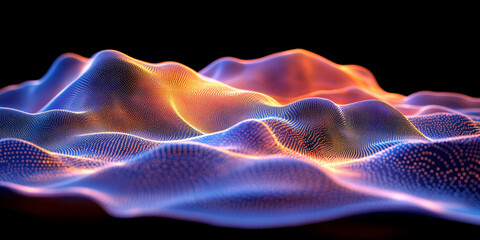 Fototapeta premium A digital wave pattern of blue and orange lights forms an intricate data network, symbolizing artificial intelligence, sound visualization, and the seamless flow of futuristic technology.