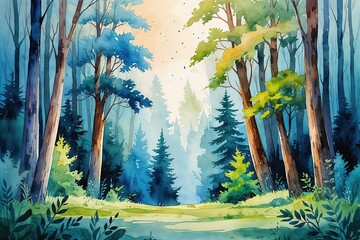 Obraz premium Serene Watercolor Forest Background Illustration for Nature Lovers