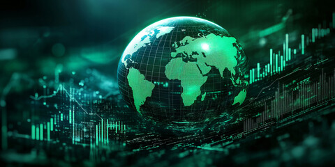 Fototapeta premium A glowing green globe is set against financial charts in the background, representing global stock markets, economic trends, and the interconnected nature of financial data and investment.