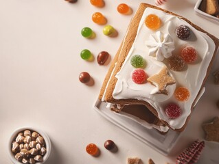 Friends enjoying a fun time decorating a gingerbread house together with colorful candies and white frosting