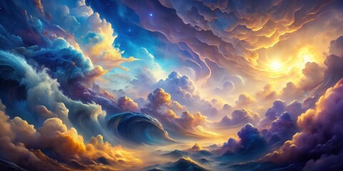 Vibrant swirling clouds of blue and purple hues merge into a dreamy ocean of gold and silver, evoking an otherworldly sense of wonder
