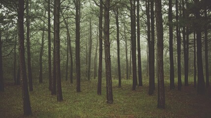 Naklejka premium Foggy Forest Landscape with Tall Green Trees and Dense Foliage in Tranquil Woodland Setting
