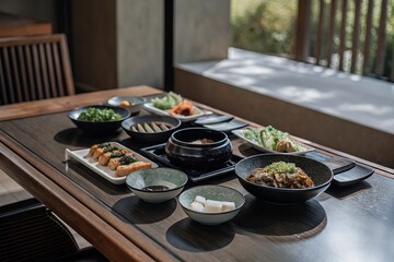 Colorful Korean Bibimbap Bowl with Assorted Vegetables, Meat, and Egg