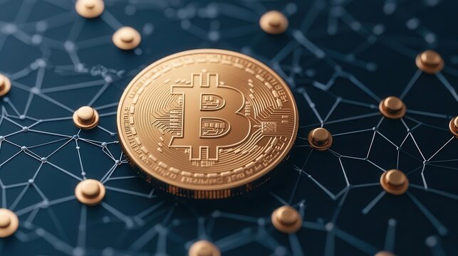 3D rendering of a CBDC coin surrounded by blockchain nodes, symbolizing secure, decentralized digital finance