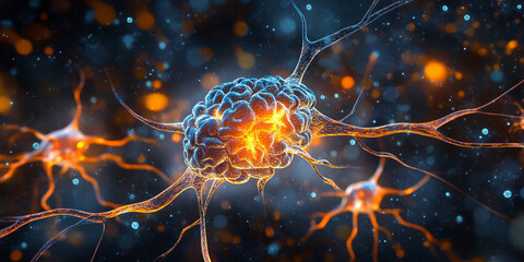 A highly detailed illustration of the human brain with glowing neural connections represents artificial intelligence and data processing, set against a dark background for a futuristic effect.