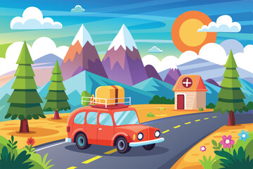 Naklejka premium A cheerful vintage car travels a winding road surrounded by mountains and lush greenery under a bright sun, Road trip Customizable Cartoon Illustration