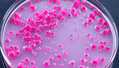 Obraz premium Pink pigmented bacteria colony on agar plate showing biodegradation, bioremediation, development