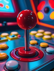 Colorful retro arcade machine with joystick and control buttons, illuminated in neon lights, capturing classic gaming nostalgia in a vibrant and playful atmosphere

