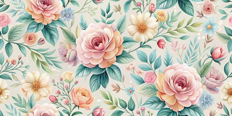Elegant seamless floral pattern with vibrant blooms and delicate leaves in a soft pastel color palette, vibrant flowers, leafy greens