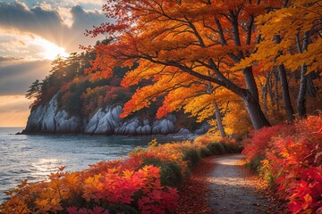 Rich Autumn Coastal Scene with Vibrant Fall Foliage and Warm Sunlight