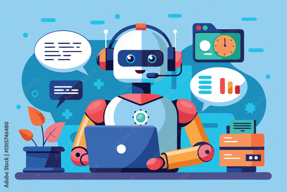 Poster the robot assists clients by answering questions using digital tools and communication technology, r