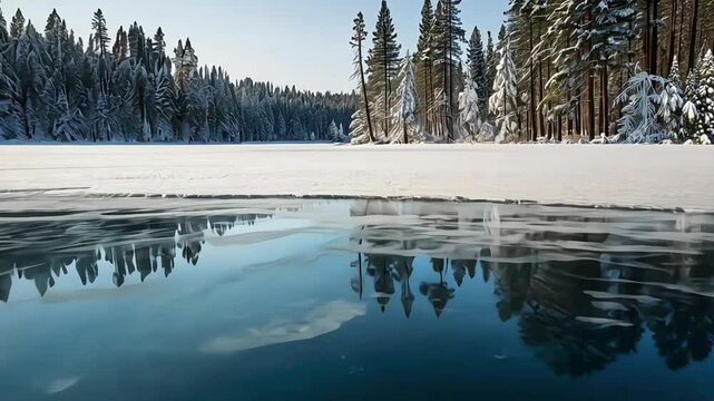 A serene frozen lake under a pale winter sky, its surface etched with intricate ice cracks resembling delicate lace, framed by snow-laden pine trees casting soft blue shadows on the glittering expanse