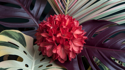 "Vibrant Tropical Foliage with Red Flower and Colorful Leaves"
