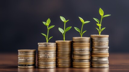 Growth Concept with Coins and Green Plants on Wooden Surface