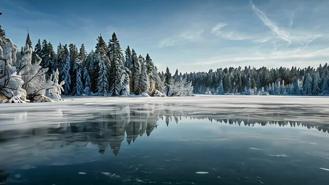 A serene frozen lake under a pale winter sky, its surface etched with intricate ice cracks resembling delicate lace, framed by snow-laden pine trees casting soft blue shadows on the glittering expanse