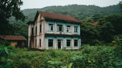 Obraz premium Abandoned house in the jungle. Old weathered building with peeling paint and overgrown vegetation. Concept of decay, neglect, and forgotten places.