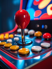 Colorful retro arcade machine with joystick and control buttons, illuminated in neon lights, capturing classic gaming nostalgia in a vibrant and playful atmosphere

