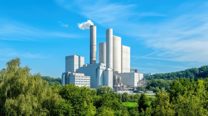 Fototapeta premium A power plant with smokestacks emitting steam, surrounded by green trees against a blue sky. Concept of energy production, industry, and environment.
