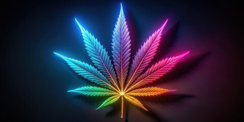 Neon glowing cannabis leaf in a dark, black background with vibrant colors and intricate details displayed against a bold, contrasting backdrop , #glowing, #photorealism
