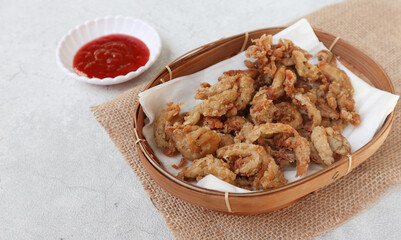 Crispy Fried Oyster Mushroom or Jamur Krispi. Oyster Mushroom Coated with Spiced Flour and Depp Fried.