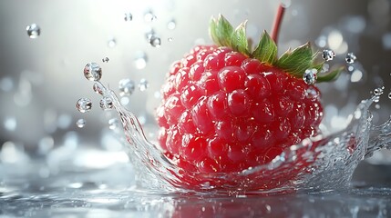 A raspberry splashing into water, capturing freshness and vitality.