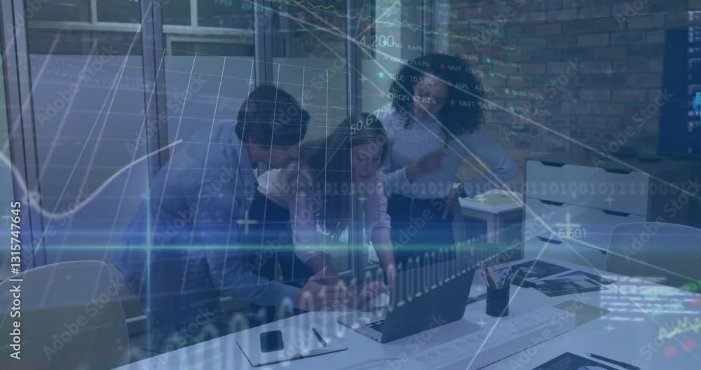Poster business team collaborating at desk with financial data processing animation overlay