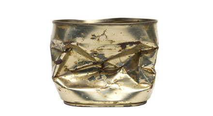 Abstract metallic art: a crushed and weathered golden aluminum can