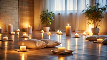 Softly glowing candles illuminate a serene space surrounded by floor cushions in a peaceful meditation room atmosphere , Sanctuary, Meditation room
