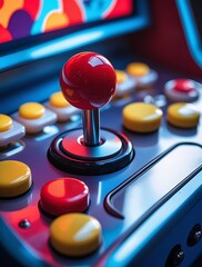 Colorful retro arcade machine with joystick and control buttons, illuminated in neon lights, capturing classic gaming nostalgia in a vibrant and playful atmosphere

