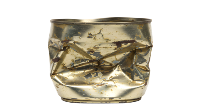 Abstract metallic art: a crushed and weathered golden aluminum can