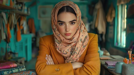 Portrait of a Young Woman in a Floral Headscarf, Confident Pose, Warm Color Palette, Stylish Clothing, Studio Shot