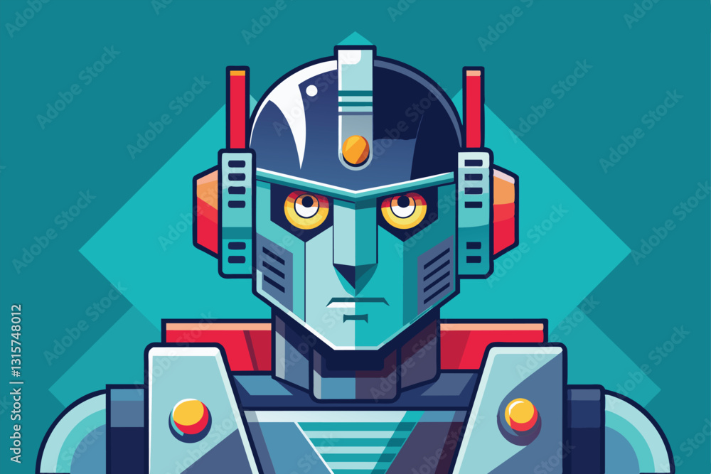 Poster a robot face features bright colors and customizable elements, showcasing a unique design style and 