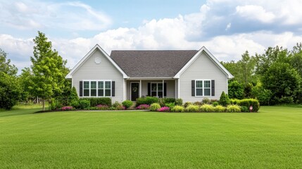 A single family home with a large green lawn and landscaping. Real estate concept.