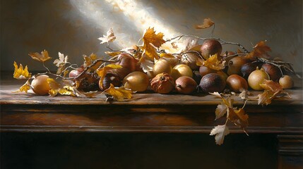 Naklejka premium Still Life of Autumn Fruits and Leaves on a Rustic Wooden Table Bathed in Soft Light