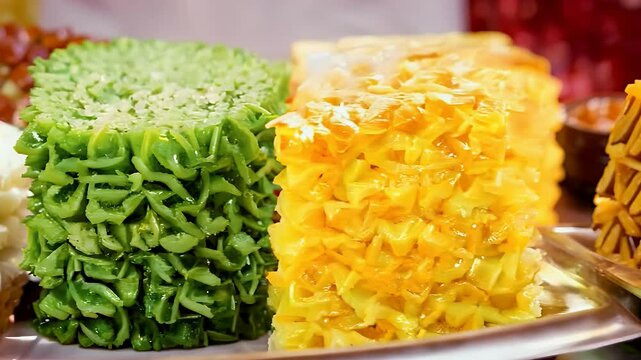 Colorful jello desserts in vibrant green and yellow, arranged on a silver platter, showcasing a festive and appetizing presentation.