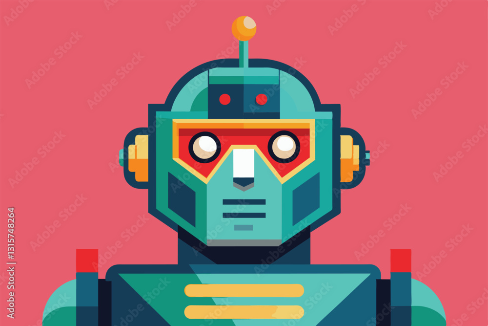Poster a playful robot face design in flat style showcases bright colors and customizable features, robot f