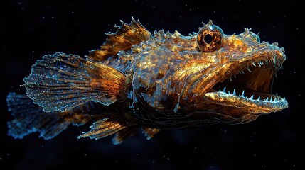 Striking Close-Up of a Bioluminescent Deep Sea Anglerfish with Glowing Fins and Sharp Teeth, Underwater Fantasy Art