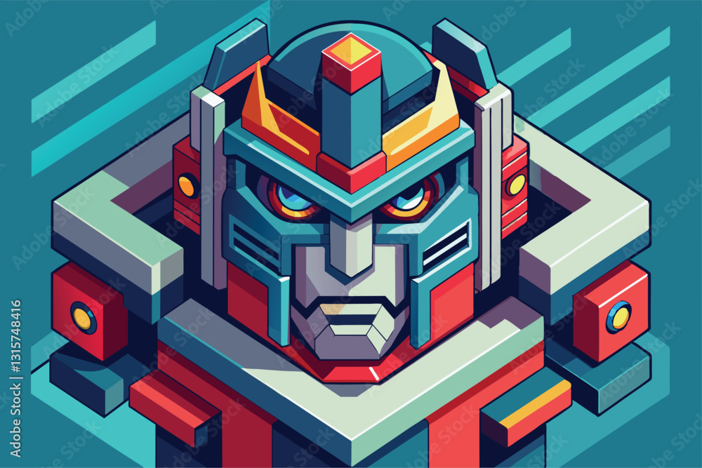 Poster a unique robot face features bright colors and customizable elements in a detailed isometric view, r