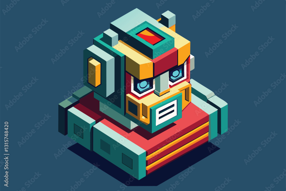 Poster a unique, isometric robot face design showcases a blend of vibrant colors and intricate geometric pa