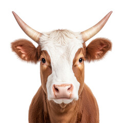 Close up of a brown and white cow with long horns against white background