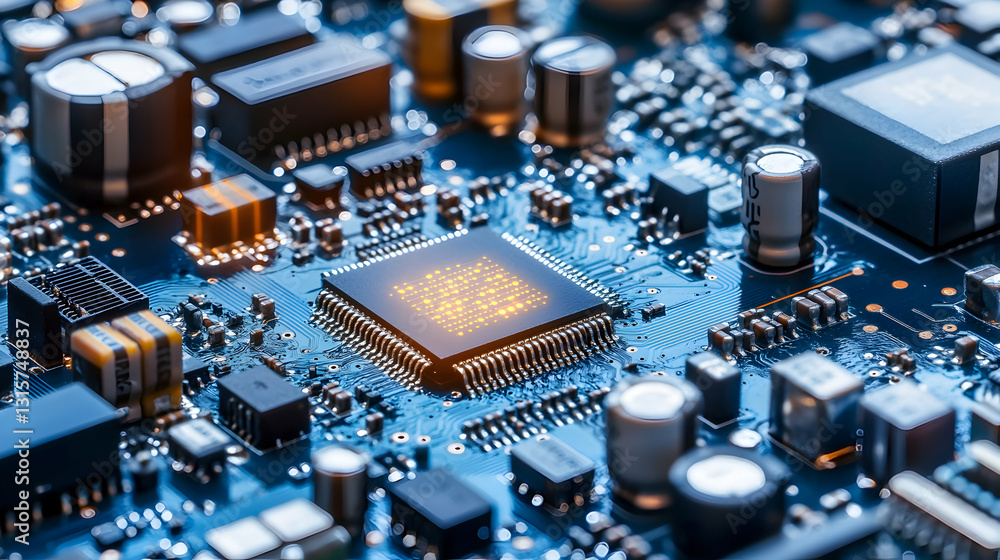Poster close-up of a circuit board with a glowing central processor, showcasing intricate technological det