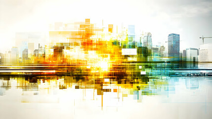 Abstract cityscape; vibrant, dynamic, modern city skyline with a blend of geometric shapes and warm colors, perfect for business, technology, or urban themes.