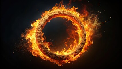 A ring made of molten lava surrounded by intense flames dancing in mid-air on a dark black background, fiery orb
