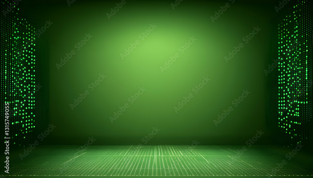 Poster abstract green digital background with glowing particles and grid, perfect for tech or futuristic co