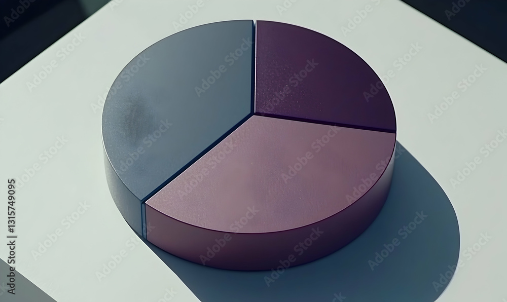 Poster abstract 3d pie chart with three segments in muted purple and gray tones, set against a clean white 