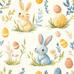 Seamless pattern of Easter eggs in pastel tones Cute bunnies with Easter eggs and flowers.
