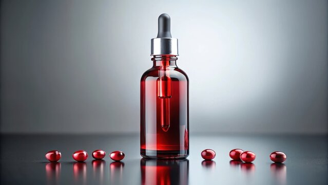 A bottle of red vitamin supplement with a dropper on a light gray background, showcasing its liquid content and label details