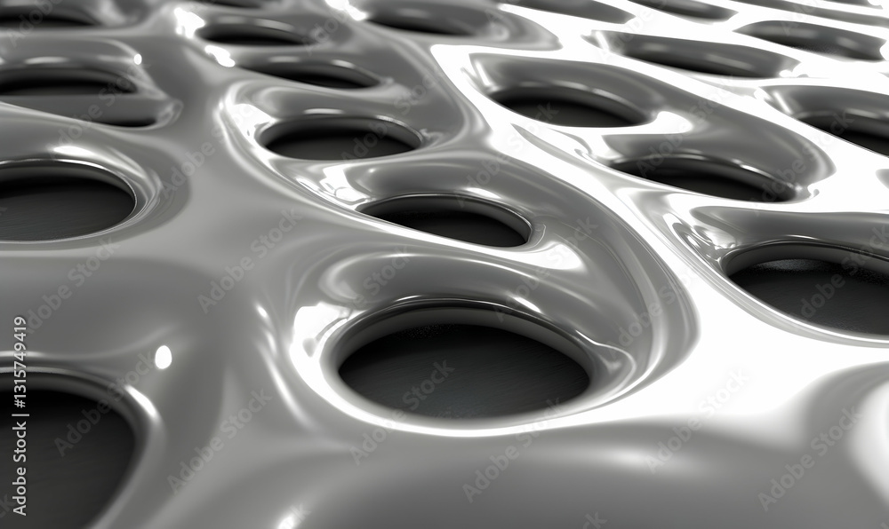 Poster abstract metallic surface with flowing, wave-like texture and circular cutouts. great for background